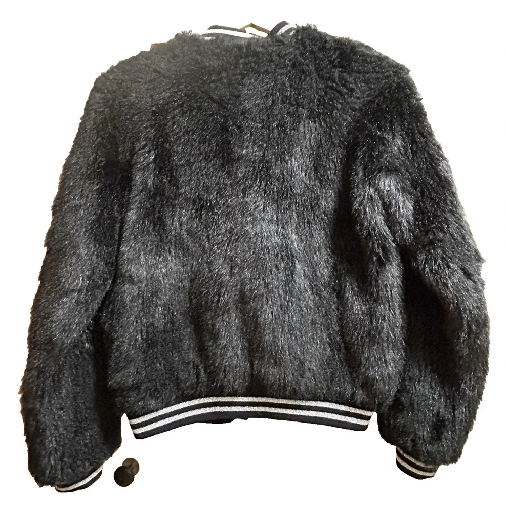 MOTHER Women's The Letterman Faux Fur Bomber Jacket Black - Size Medium - Picture 5 of 11